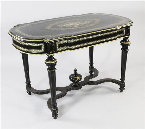 A 19th century Louis XVI style ebonised and ormolu mounted centre table, W.4ft 2in.